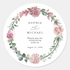 Stoffige Roze Bloemige Bruiloft Ronde Sticker