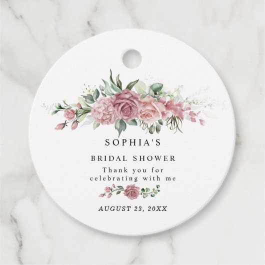 Stoffige Roze Bloemige Bruiloftsdouche Bedankjes Labels (Voorkant)