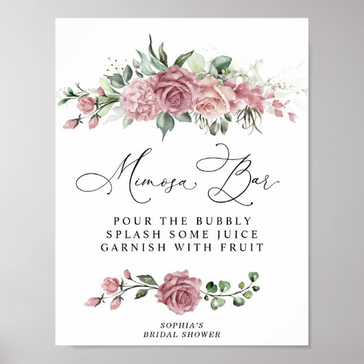 Stoffige Roze Bloemige Bruiloftsfeest Mimosa Bar Poster (Voorkant)