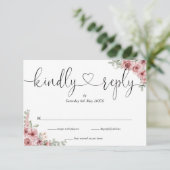 Stoffige Roze Bloemige Chic Script Hart Vriendelij RSVP Kaartje (Staand voorkant)