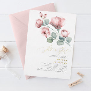 Stoffige Roze Bloemige Elegante Het is een Meisje Folie Uitnodiging