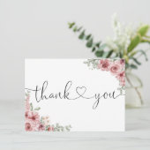 Stoffige Roze Bloemige Elegante Script Hart Bedankkaart (Staand voorkant)