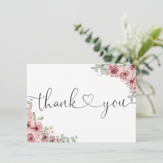 Stoffige Roze Bloemige Elegante Script Hart Bedankkaart (Staand voorkant)