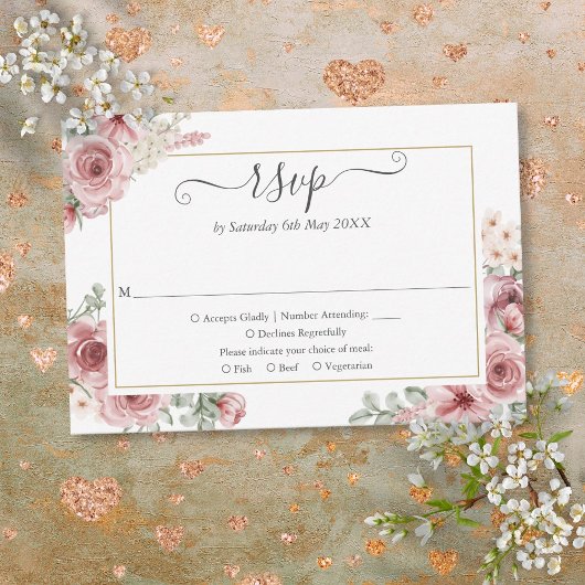 Stoffige Roze Bloemige Elegante Script RSVP Kaartje