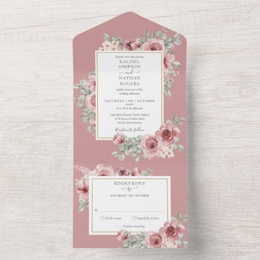 Stoffige Roze Bloemige Gouden Geometrische Trouw All In One Uitnodiging (Binnen)