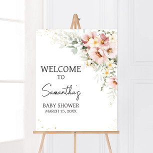 Stoffige Roze Bloemige Groene Baby Shower Welkom Poster