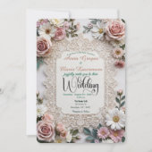 Stoffige Roze Bloemige Nep-Kant Foto Bruiloft Kaart (Voorkant)