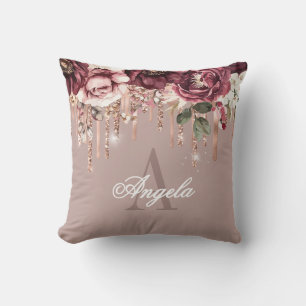Stoffige Roze Bloemige Roze Gouden Glitter Druppel Kussen