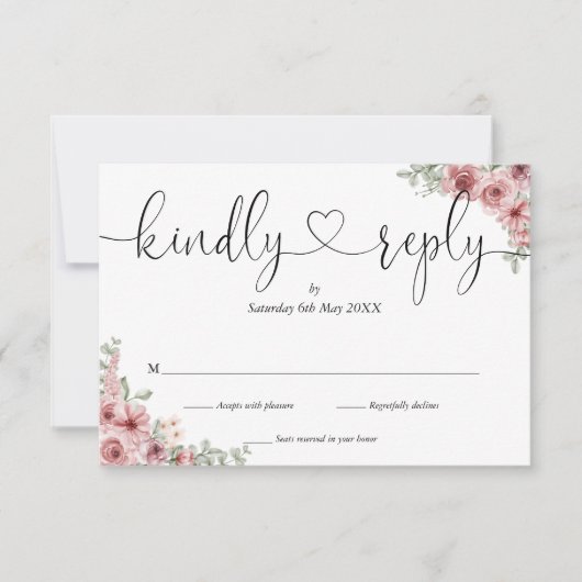 Stoffige Roze Bloemrijke Chic Script Hart Vriendel RSVP Kaartje (Voorkant)