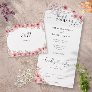 Stoffige Roze Bloemrijke Elegante Script Harten Tr All In One Uitnodiging