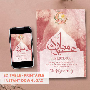 Stoffige Roze Bloemrijke Maan Eid Mubarak Kaart