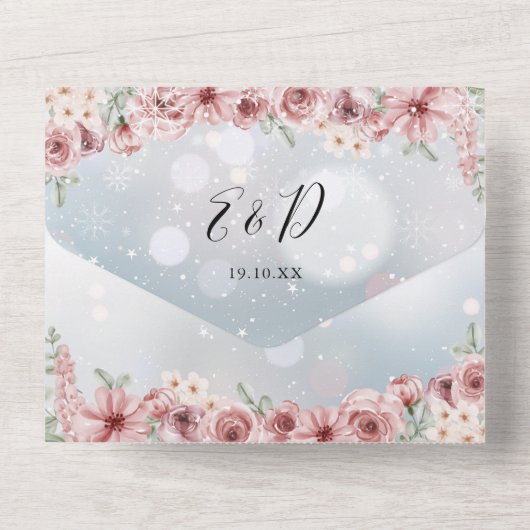 Stoffige Roze Bloemrijke Script Harten Winter Brui All In One Uitnodiging (Achterkant)