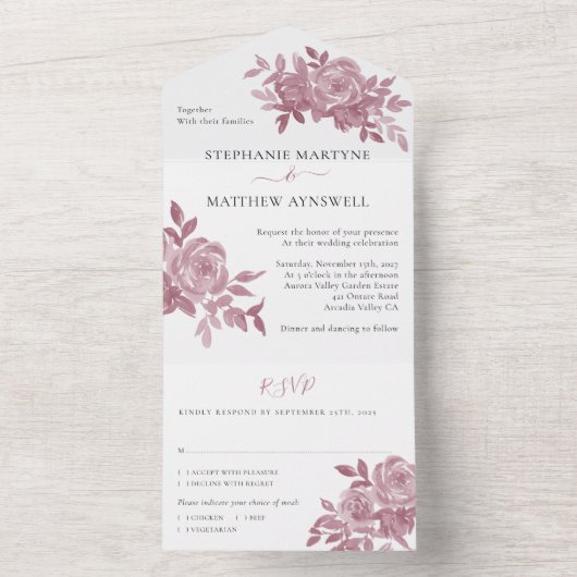 Stoffige Roze Bloemrozen Bruiloft All In One Uitnodiging (Binnen)
