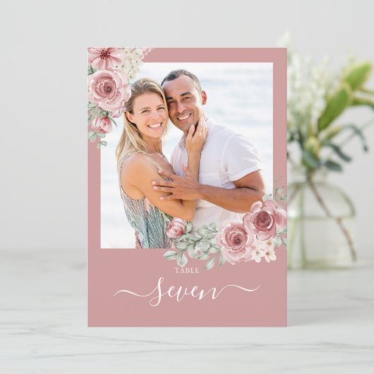 Stoffige Roze Bloemrozen Foto Tafelnummer (Staand voorkant)