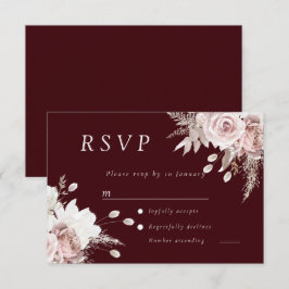 Stoffige Roze Blush Bloemige Trouw Diep Bourgondië RSVP Kaartje