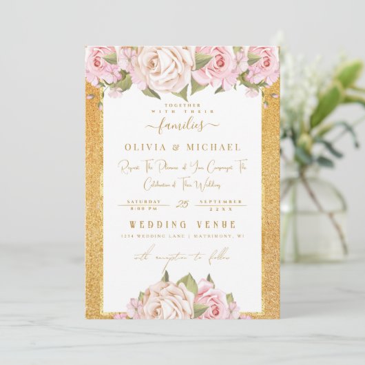 Stoffige Roze Blush Bloemrijke Gouden Zand Folie B Kaart (Staand voorkant)