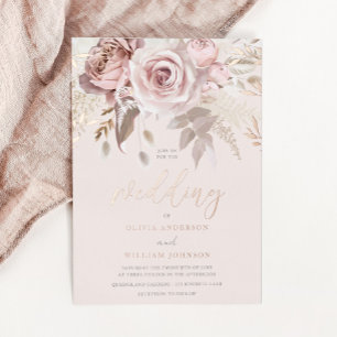 Stoffige Roze Blush Bloemrijke Herfst Bruiloft Roz Folie Uitnodiging