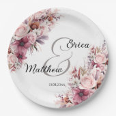 Stoffige Roze Boho Bloem Moderne Script Bruiloft Papieren Bordje (Voorkant)