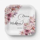 Stoffige Roze Boho Bloem Moderne Script Bruiloft Papieren Bordje (Voorkant)