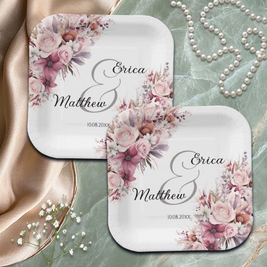 Stoffige Roze Boho Bloem Moderne Script Bruiloft Papieren Bordje