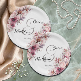 Stoffige Roze Boho Bloem Moderne Script Bruiloft Papieren Bordje
