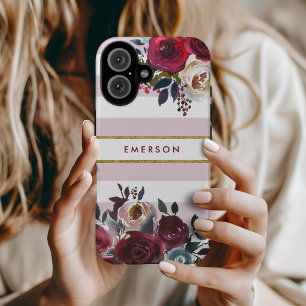 Stoffige Roze Boho Bloem Streep Monogram iPhone 16 Hoesje