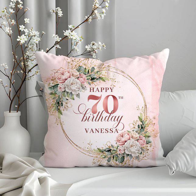 Stoffige Roze Boho Bloemen Gouden Kussen 70e Verja (Dusty Pink Boho Flowers Pillow 70th Birthday Pillow)