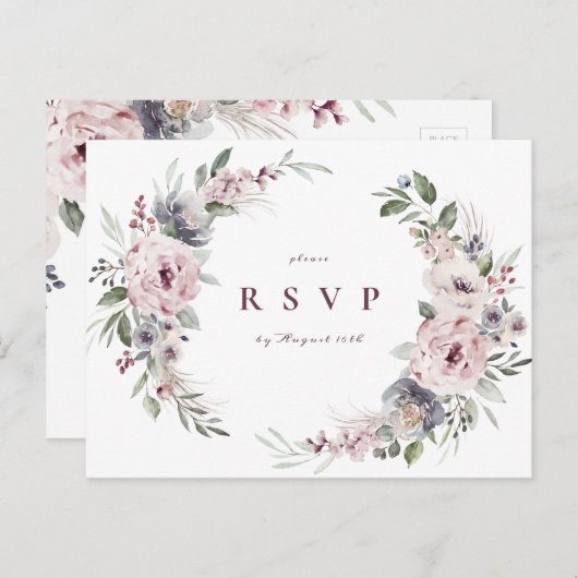 Stoffige roze boho bloemen rustieke bruiloft RSVP Uitnodiging Briefkaart (Voorkant / Achterkant)