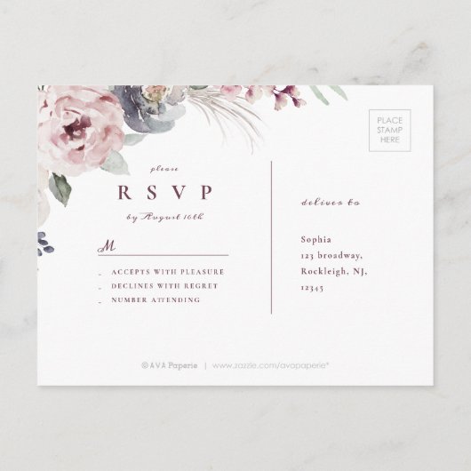 Stoffige roze boho bloemen rustieke bruiloft RSVP Uitnodiging Briefkaart (Achterkant)