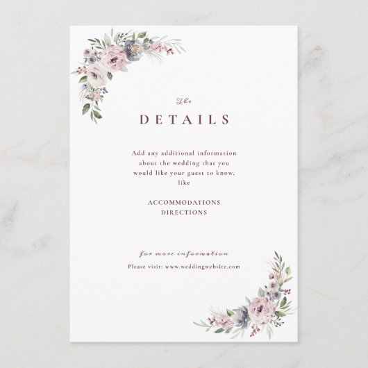 Stoffige roze boho bloemige rustieke trouwdetails informatiekaartje (Voorkant)
