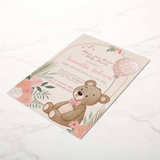 Stoffige Roze Boho Teddybeer Ballon Baby Folie Uitnodiging (Gedraaid)