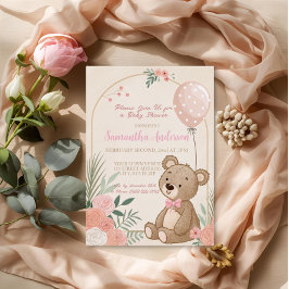 Stoffige Roze Boho Teddydrop Ballon Baby Folie Uitnodiging