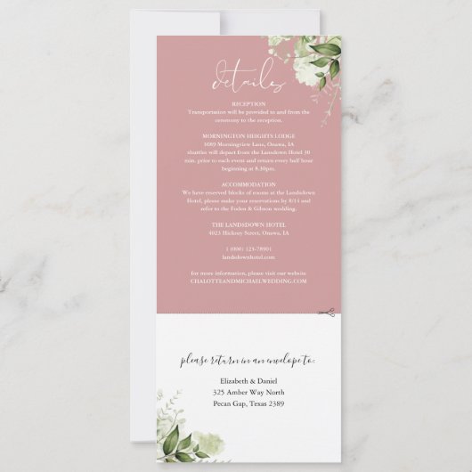 Stoffige Roze Botanische Bloemige All-in-One Kaart (Achterkant)