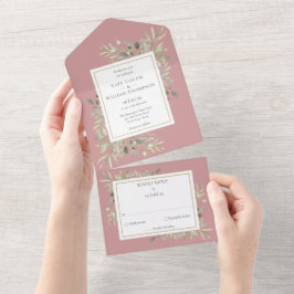 Stoffige Roze Botanische Groene Monogram Huwelijk All In One Uitnodiging