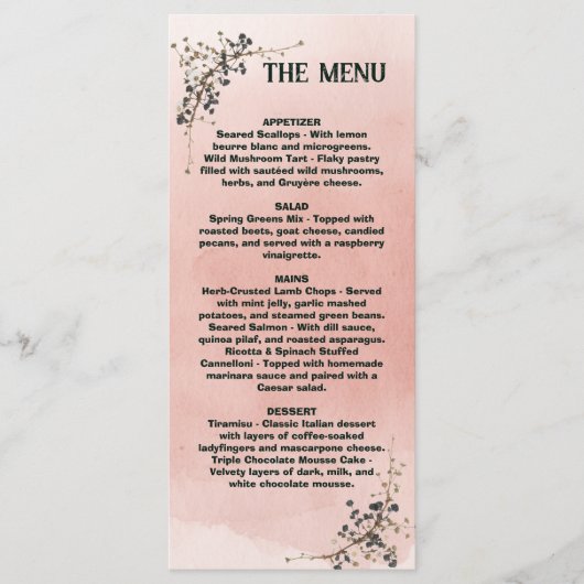 Stoffige Roze Botanische Trouwmenu , Trouwmenu Menu (Voorkant)