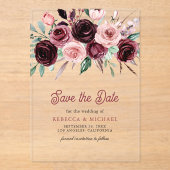 Stoffige Roze Bourgondische Floral Wedding Save th Acryl Uitnodigingen (Voorkant)