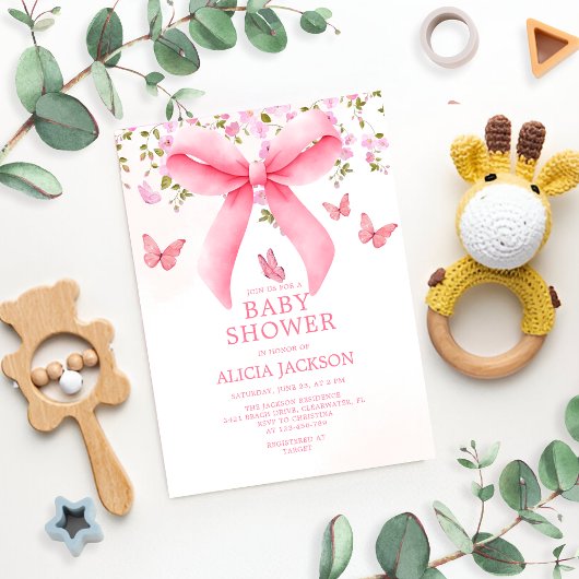 Stoffige Roze Bow Bloemen Coquette Vlinders Baby Kaart