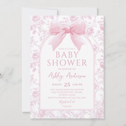 Stoffige Roze Bow Bloemen Toile Baby shower Uitnod Kaart (Voorkant)