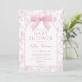Stoffige Roze Bow Bloemen Toile Baby shower Uitnod Kaart (Staand voorkant)