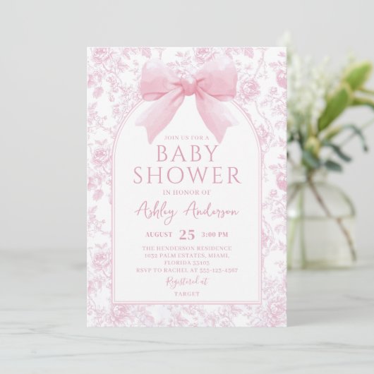 Stoffige Roze Bow Bloemen Toile Baby shower Uitnod Kaart (Staand voorkant)