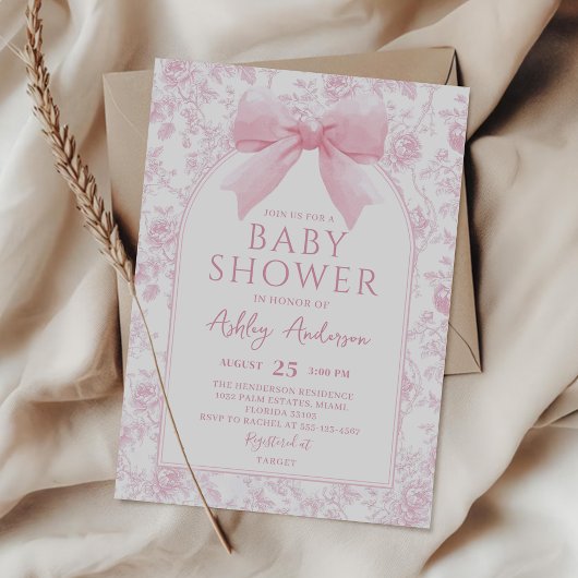 Stoffige Roze Bow Bloemen Toile Baby shower Uitnod Kaart