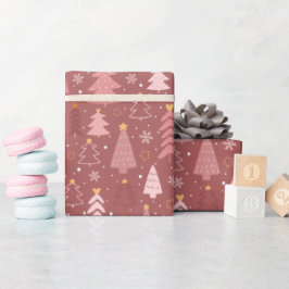 Stoffige Roze Doodle Kerstboom Vakantiepatroon Cadeaupapier
