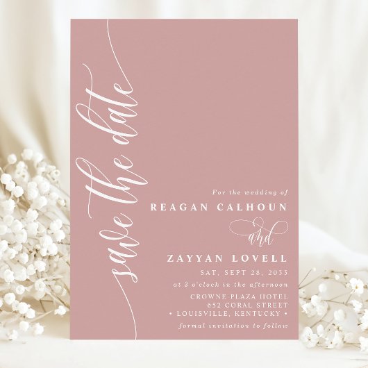 Stoffige Roze Eenvoudige Moderne Script Bewaar De Save The Date