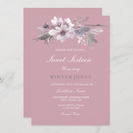 Stoffige Roze Elegante Bloemige Sweet 16 Uitnodigi Kaart (Voorkant / Achterkant)