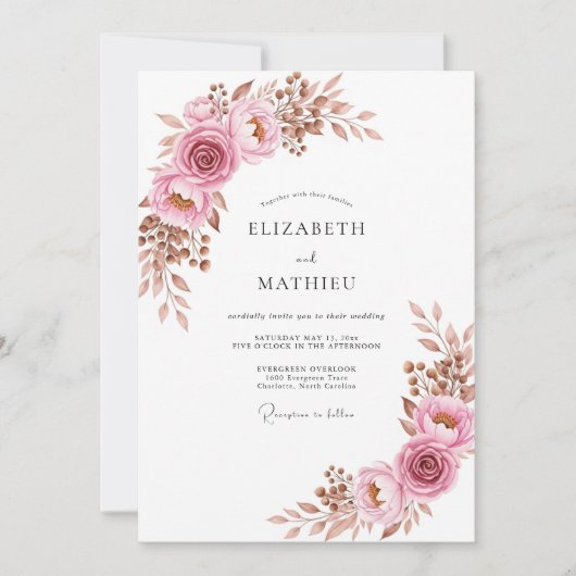 Stoffige Roze Elegante Boho Bruiloft Kaart (Voorkant)