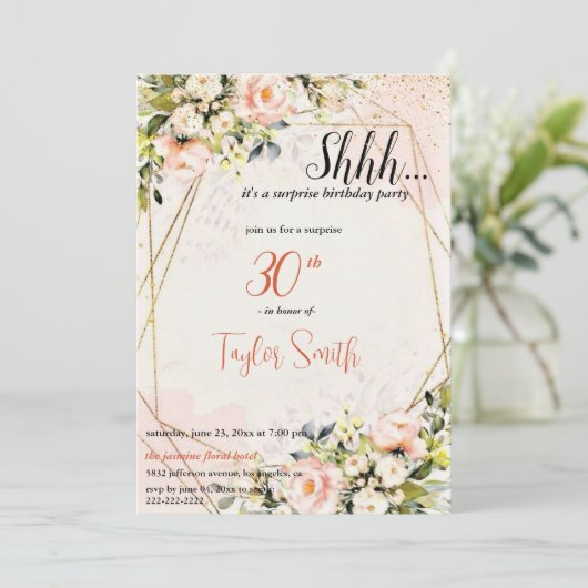 stoffige roze elegante Floral Surprise Party Uitno Kaart (Staand voorkant)