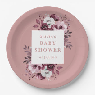 Stoffige Roze Elegante Landelijke Bloemen Baby Sho Papieren Bordje