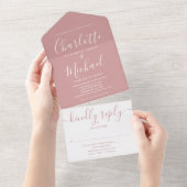 Stoffige Roze Elegante Moderne Script Bruiloft All In One Uitnodiging (Afscheurbaar)