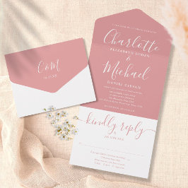 Stoffige Roze Elegante Moderne Script Bruiloft All In One Uitnodiging