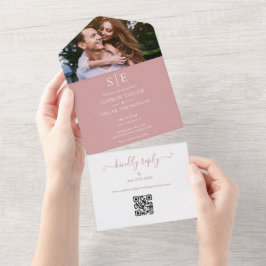 Stoffige Roze En Gouden Monogram QR Code Foto Brui All In One Uitnodiging